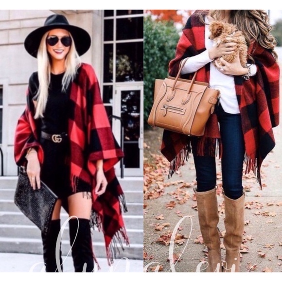 Aluna Levi Jackets & Blazers - RED BUFFALO PLAID PONCHO/WRAP